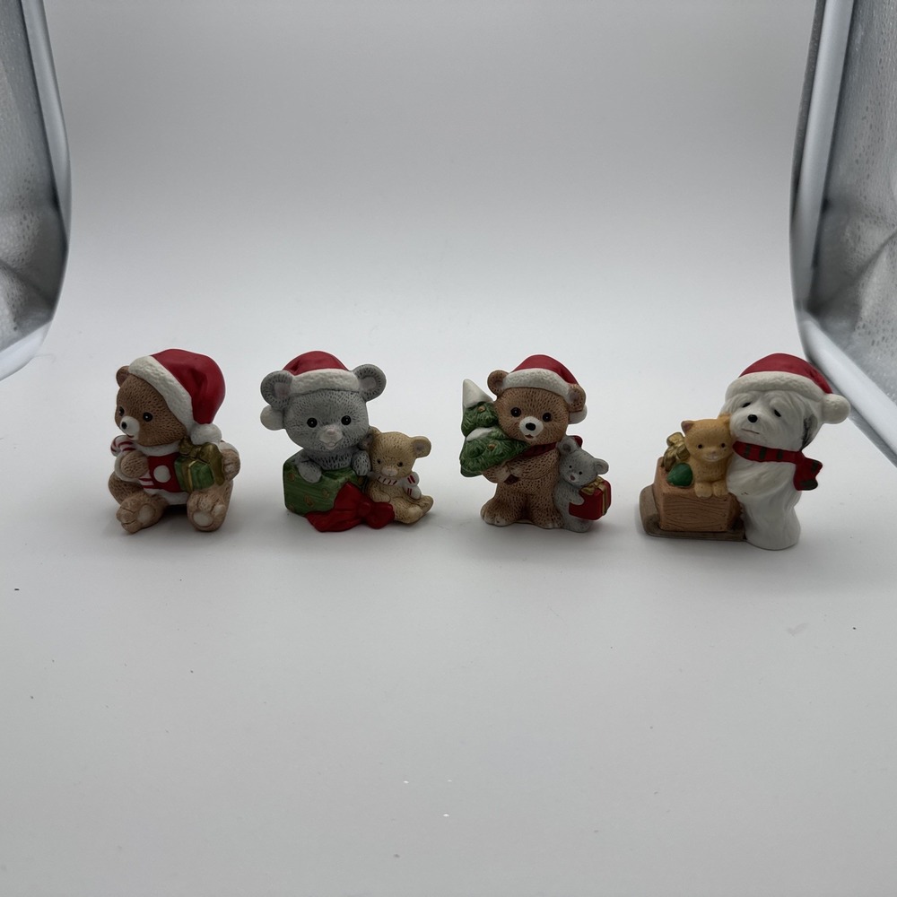 Adorable Vintage Homco Christmas Teddy Bear Puppies Kitten Figurines Lot Of 4